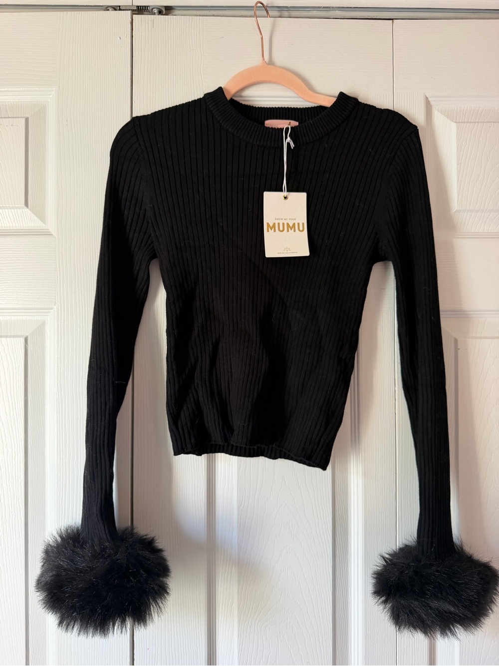 Show Me Your MuMu Black Ribbed Sweater/Skirt set with Faux Fur Cuffs